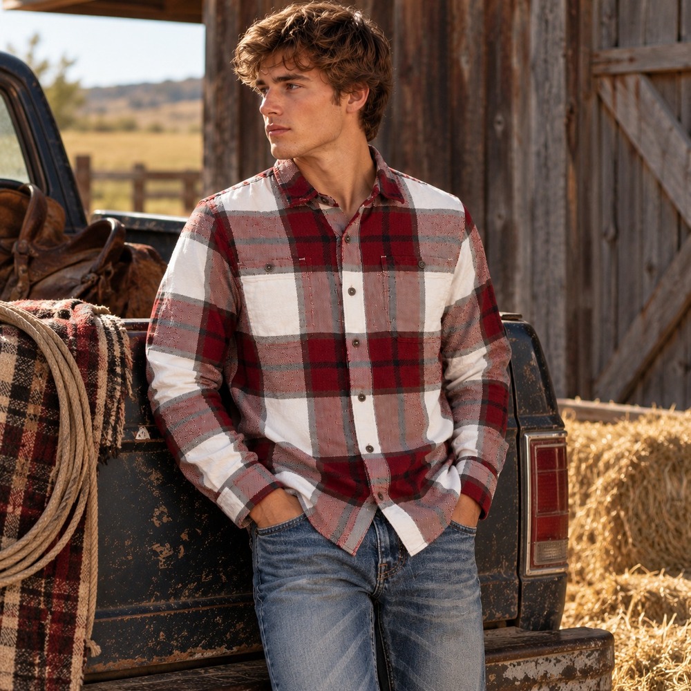True Religion Shirt Mens S Red White Plaid Flannel Heavy Button Up Western Ranch